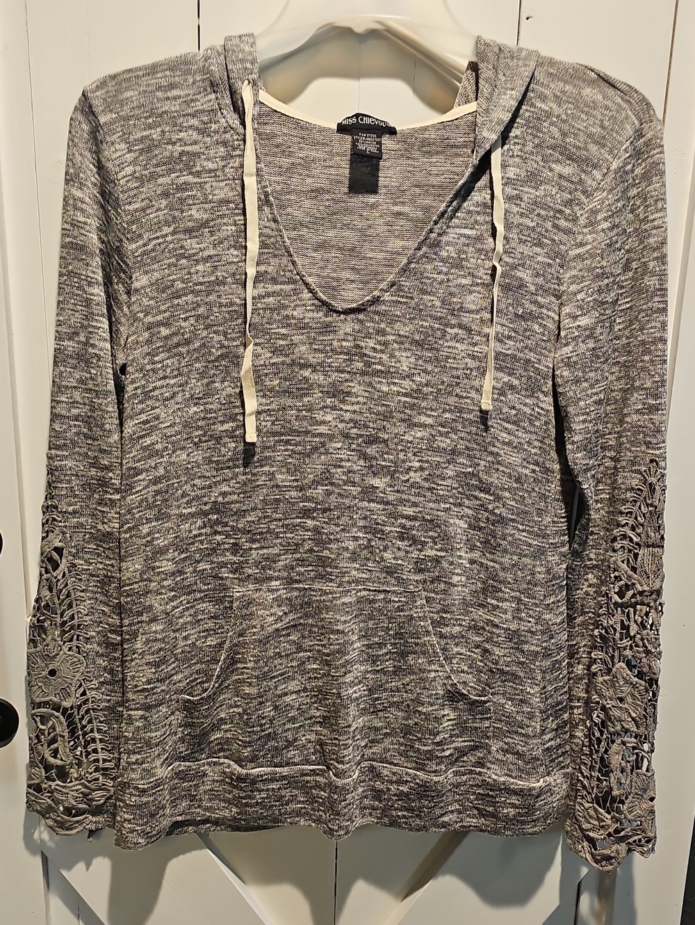 Miss Chievous Heather Gray Crochet-Sleeve Hooded Pullover